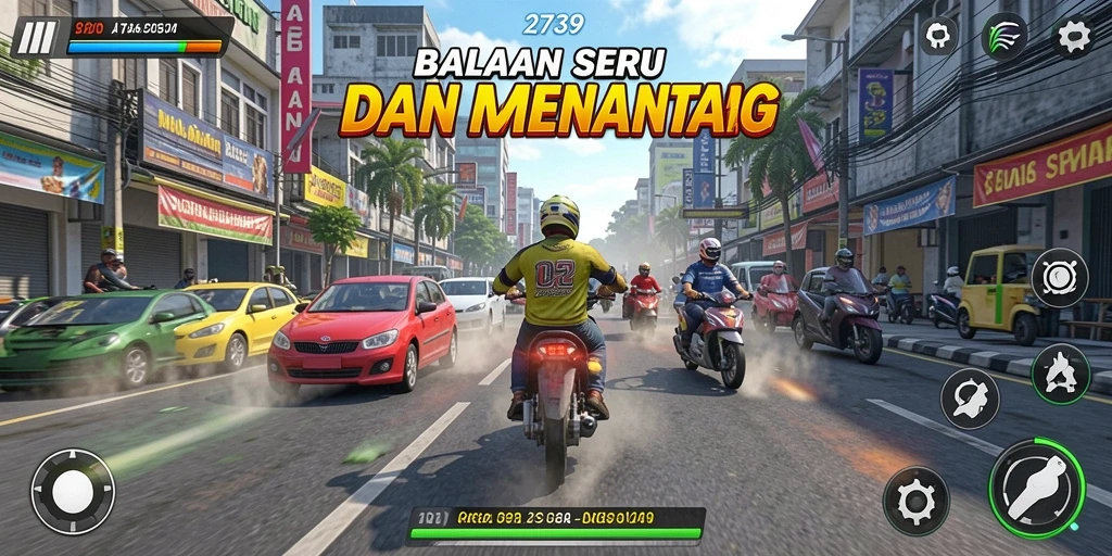 Screenshot gameplay Racing menampilkan mobil melaju kencang di trek yang menantang.