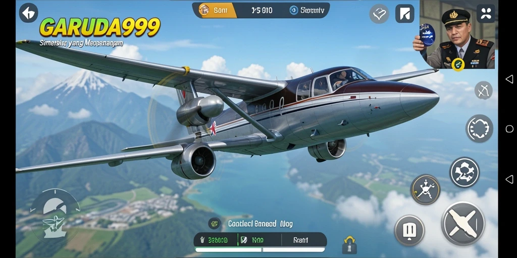 Tangkapan layar utama GARUDA999 menampilkan gameplay simulasi penerbangan yang realistis.