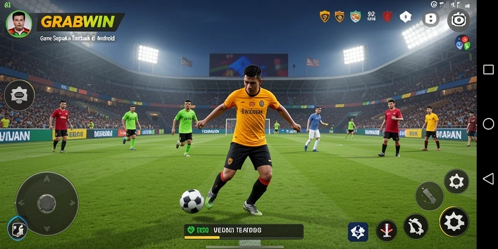 Screenshot gameplay di <strong>GRABWIN</strong> menampilkan aksi di lapangan sepak bola.