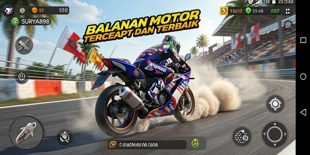 Screenshot menunjukkan aksi seru balapan motor di SURYA898.