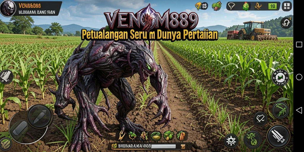 Screenshot utama VENOM889 menampilkan pemain yang sedang merawat tanaman di kebun.